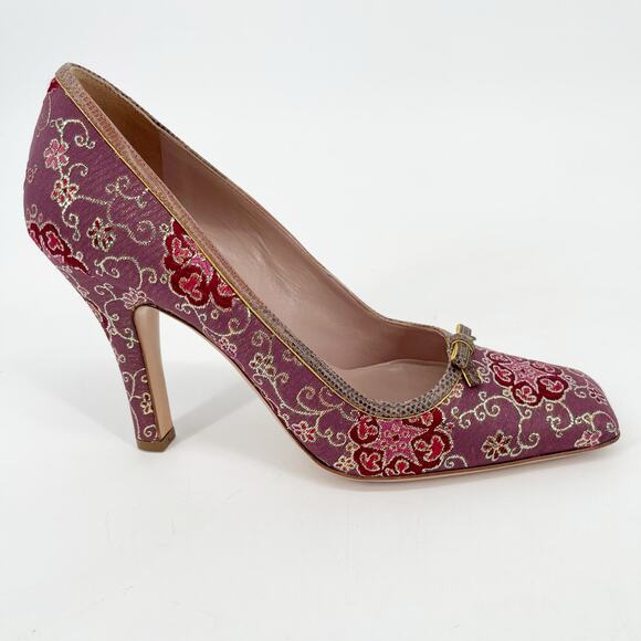 Vintage Prada Plum Gold Brocade Snakeskin Trim Bow Square Toe Heels IT 37.5 - Picture 3 of 13